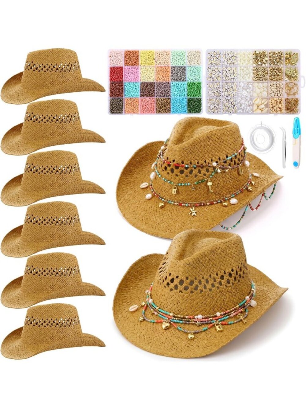 DIY Craft Bead Making Kit - 6 Sets of Khaki Straw Cowgirl Hats for Fun Projects